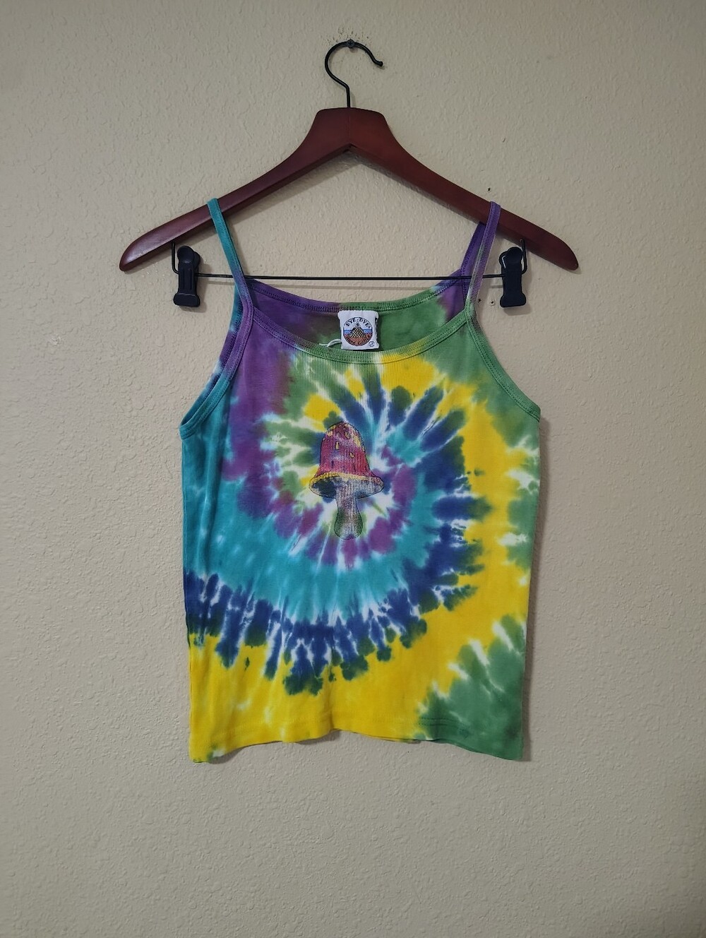Vintage Bye Tie Dye Handcrafted Mushroom Cropped Tank Top Size L 80s Hippie Y2K